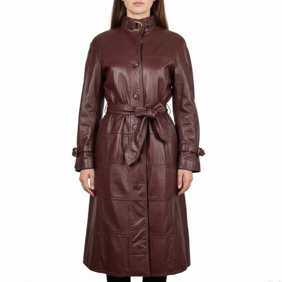 Tfc Jackets & Blazers - Tfc Women Maroon 100% Genuine Leather Belted Trench Coat Lined With Rayon Sz 8